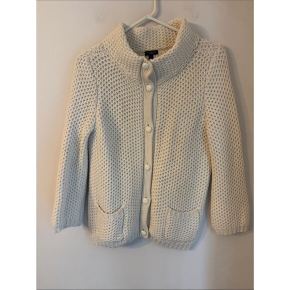 Talbots Sweaters - Talbots Cream Chunky Knit cowl front Button Cardigan wool blend sweater women MD